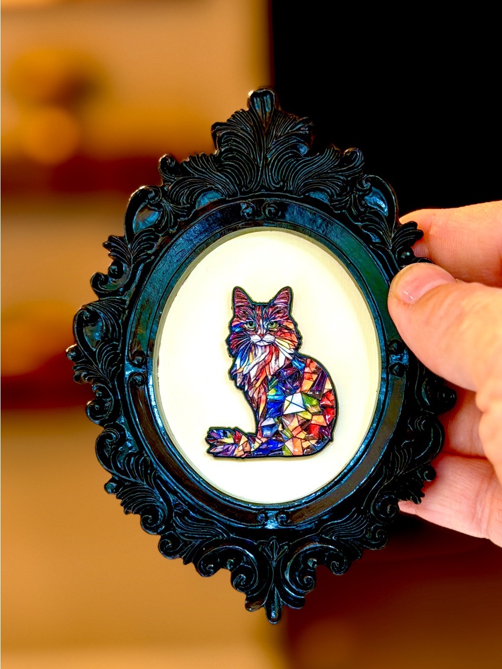 Colorful Long Haired Cat Framed Mini Art Gothic Oval Frame